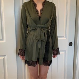 Carli Bybel Khaki Satin Lace Wrap Dress